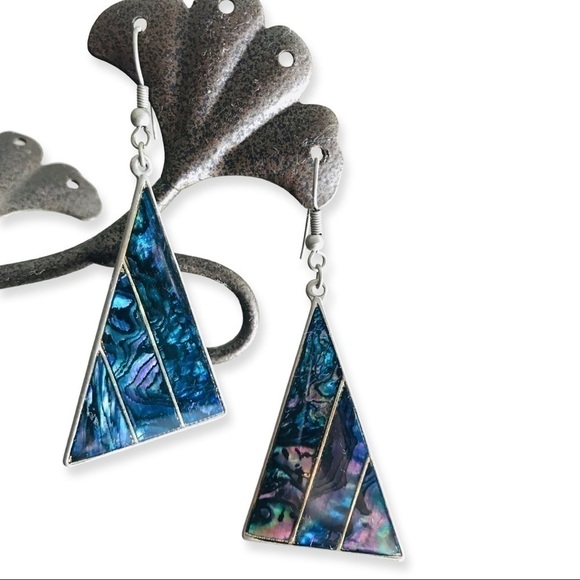 Vintage Faux Abalone Shell Blue Triangle Dangle Earrings - Picture 1 of 3